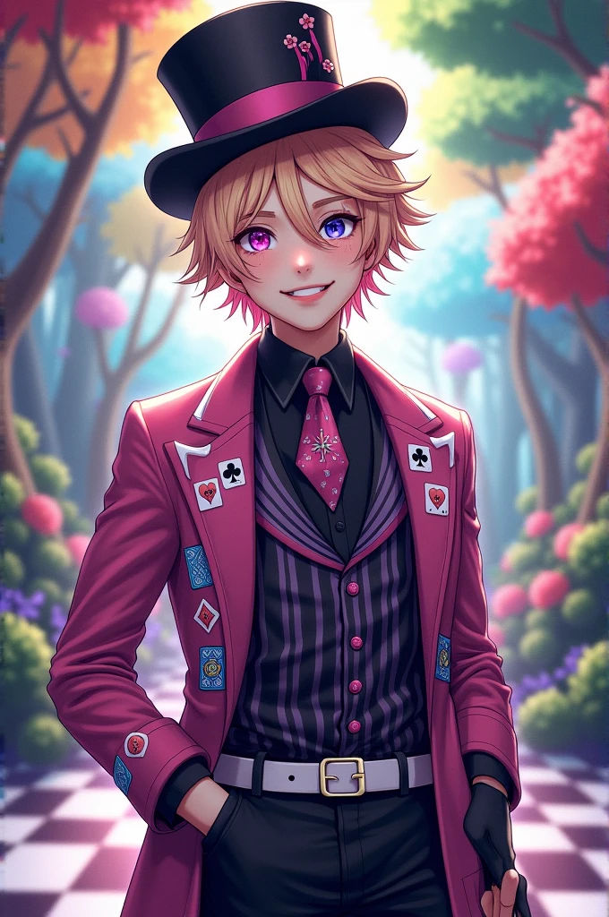 Create a young male, American Nationality, Blonde Hair with pink, purple and blue details. One blue eye and the other pink. Smile plastered on your face. Her outfit would be elegant, consisting of a black and white checkered shirt, a long jacket like a purple and black striped dress, the other side of the outfit would be pink with pink squares of another tone with playing card icon prints like spades, hearts , diamonds and clubs. Black gloves and white belt and black top hat with pink and blue details. The background would be magical like Wonderland with colorful trees and a checkered floor.