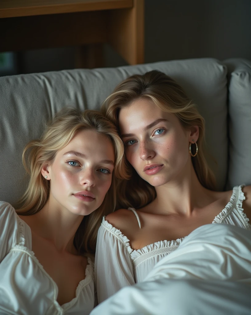 A 2 woman lies on her side on a gray sofa, with her face facing the camera. She has fair skin with visible freckles, blonde hair, and light blue eyes. Her expression is serene, and she is wearing small, discreet earrings. The soft lighting highlights the texture of your skin and the fabric of the sofa. The background is blurred, creating a depth effect and highlighting the central figure.