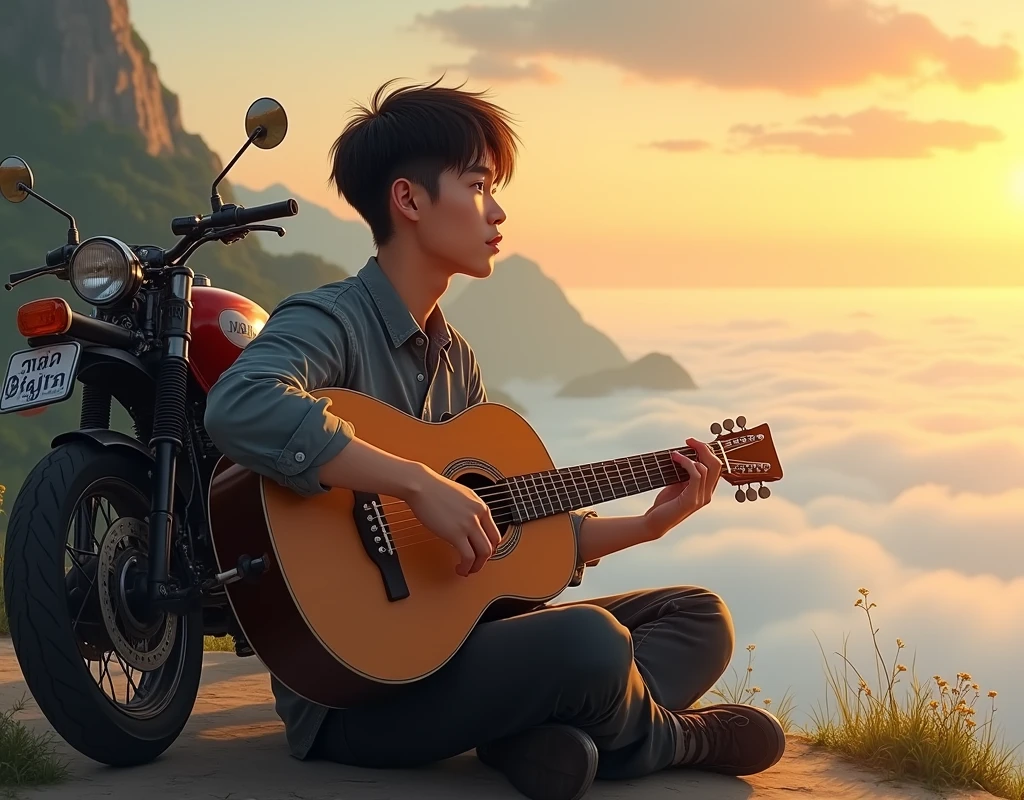 A young Thai man sits and plays an acoustic guitar next to a big scooter touring motorcycle next to a cliff, watching the sunset with a sea of fog, like in the Chinese anime The Legend of Tang San.
