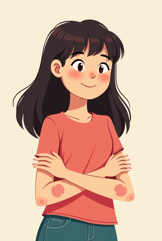 I am looking for an illustration for a student with an allergy on her arms. Drawing style: Modern and vector, with smooth, clean lines, and vibrant colors. Cartoonish but realistic. Color: Using a palette of bright and contrasting colors that are pleasant and eye-catching. FORMAT: Illustrations arranged in a book or manual style. This illustration is intended for a guidance and training manual, so it must be clear, accessible and visually appealing."