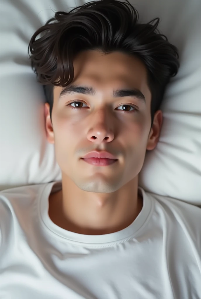 American boy white skin black hair black eyes  lying in bed white shirt baby face boyfriend material, human