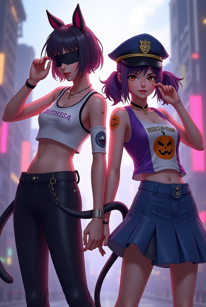 Two female characters in the style of Free Fire with a tail and a blindfold, a white top and black pants, the other character has two pigtails and a police hat, a purple and white Halloween top and a blue skirt.