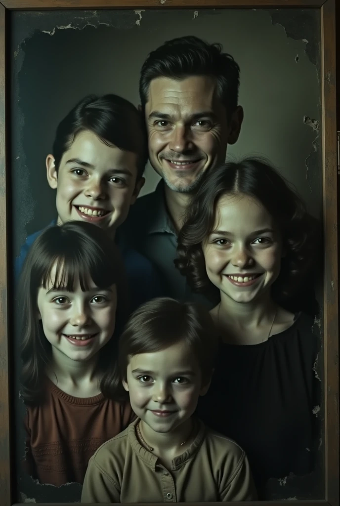 A close-up of the photograph a pretending happy family with a scary aura, scary background, ruined furniture peeling of the wallpapers
Emily notices the writing: "Welcome home, Emily." The room begins to darken, the light flickers, and the temperature drops. SCARY, HORROR, INTENSE, SCARY SMILE