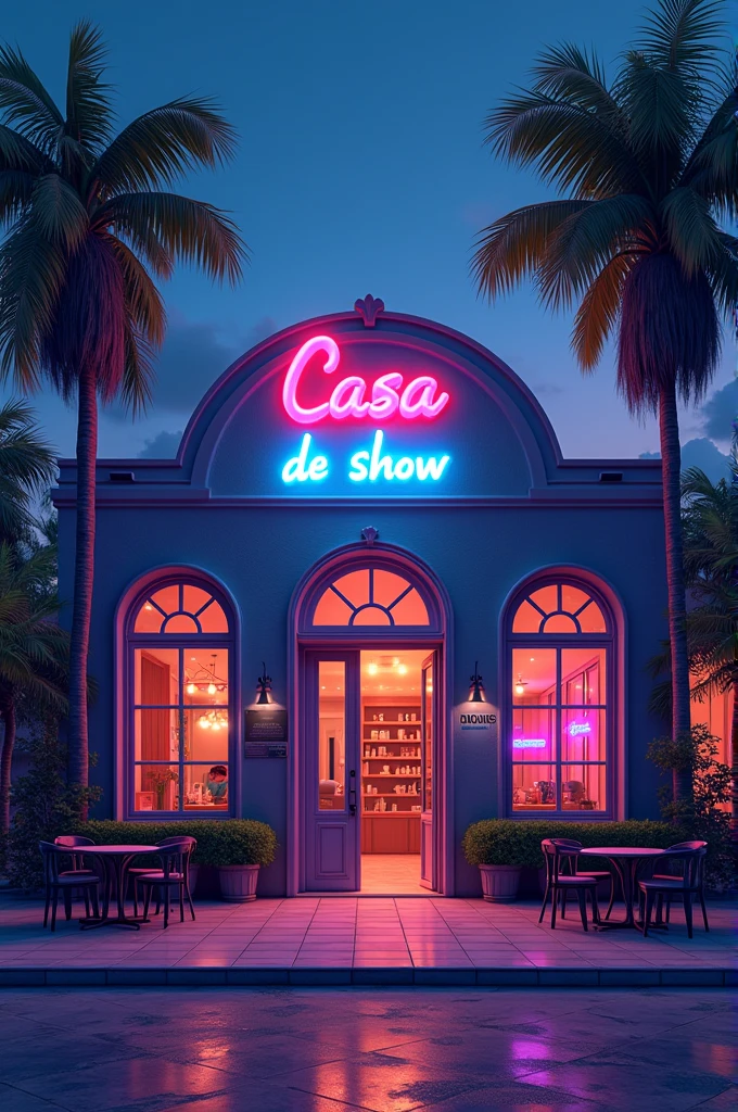 Casa de show, with glass windows, large area in front with some chairs and tables, large sign above the front door, large open entrance door, circular shaped windows, unrealistic, drawn, small sign on the wall saying "prohibited drinks", indoor party, events house, coconut trees outside, neon, lights, natta, parties, animadas, sound box, huge hall inside