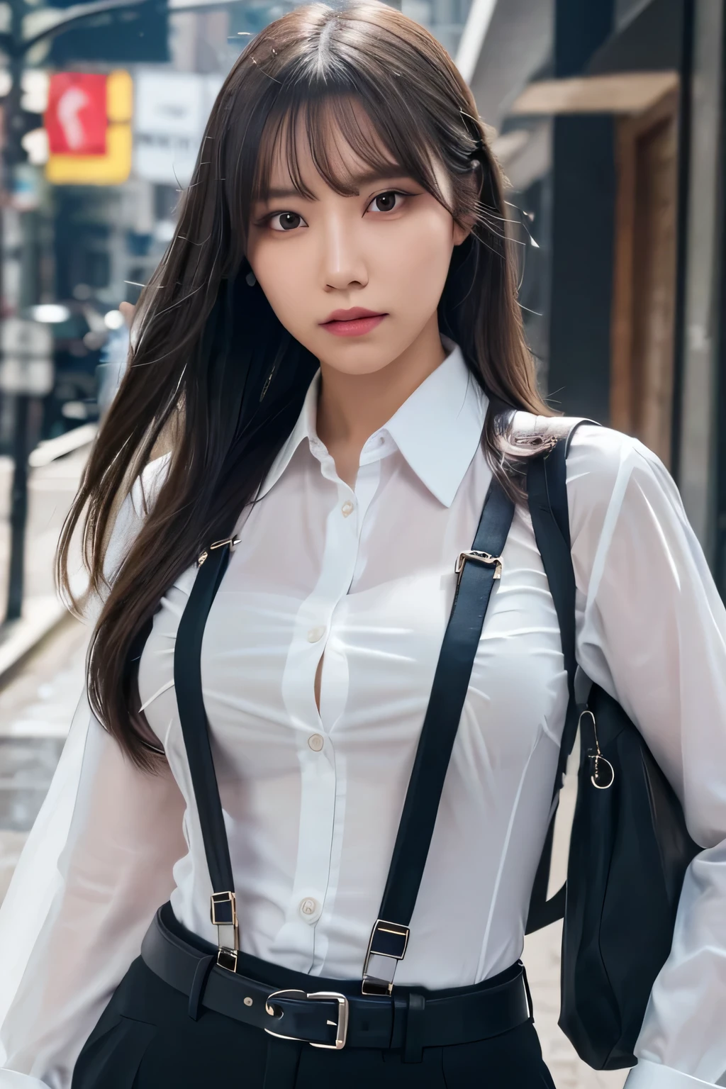 a woman in a suit, belt, hands behind back, sweating, suspenders, black pants, sexly, large breasts, see-through clothing, rain, detective, office worker, white button-up shirt, (best quality,4K,8k,highres,masterpiece:1.2),ultra-detailed,(realistic,photorealistic,photo-realistic:1.37),hyper-detailed,highly detailed face and body, Slender thin suspenders Moderate breasts See-through shirt Nipples holster chain Pistol Armament criminal Female criminal knife