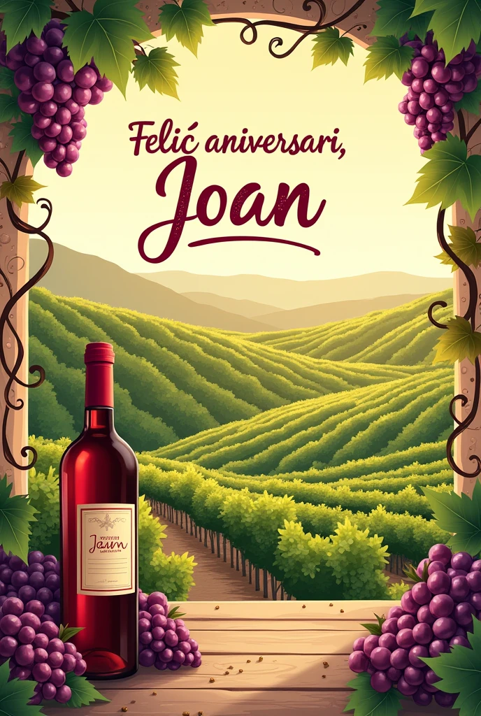 Make a happy birthday card with a vineyard and wine design dedicated to Joan in Catalan 