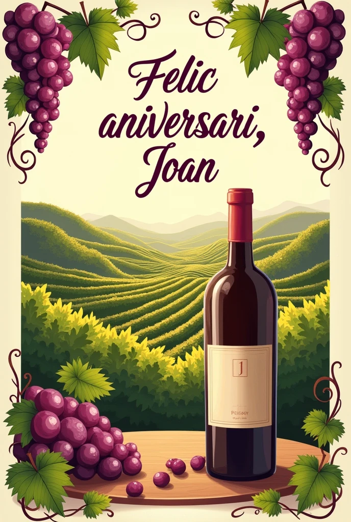 Make a happy birthday card with a vineyard and wine design dedicated to Joan in Catalan
