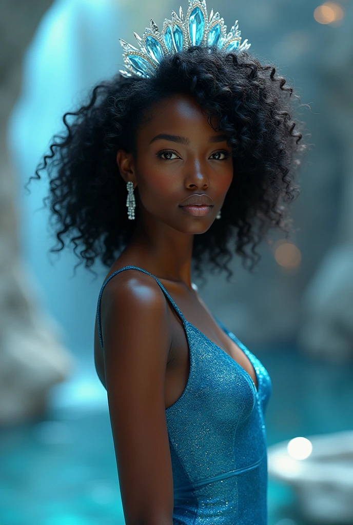 Black woman with cool skin tones, age 25, small, fleshy mouth, amber almond eyes , Oval face, medium sized breasts, upturned button nose, small fairy ears, This is in a crystal palace, wears a beautiful sapphire blue mermaid dress that fits her body perfectly, her hair is curly and falls in a cascade, a beautiful crystal tiara