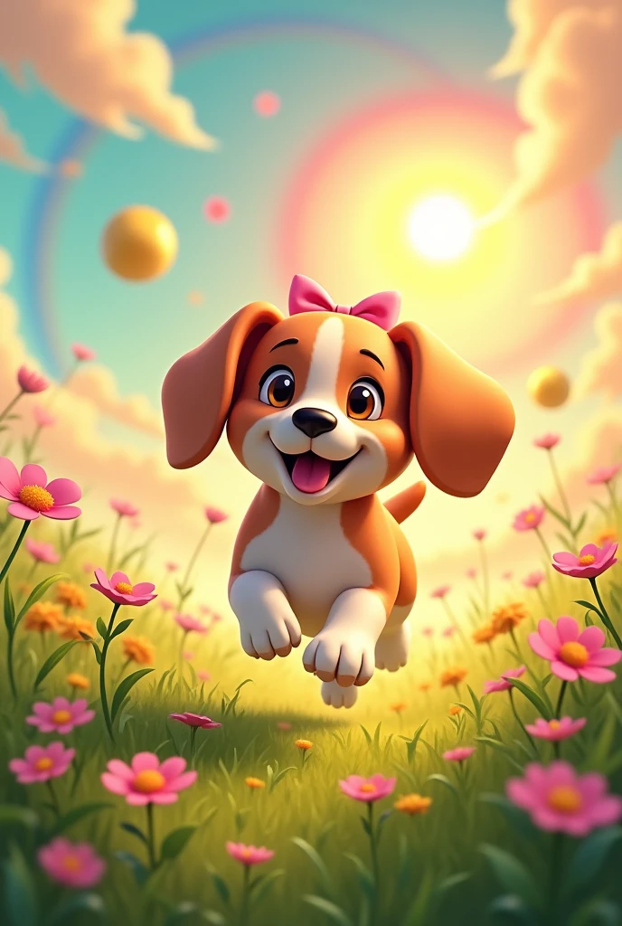 Female beagle with pink bow on her ears running happily in a meadow with flowers, the sky with the sun very colorful and rainbow