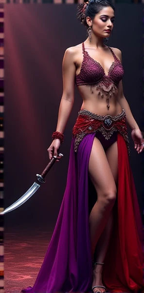 Purplish red belly dancing outfit with a plunging neckline with platform heels and kunai