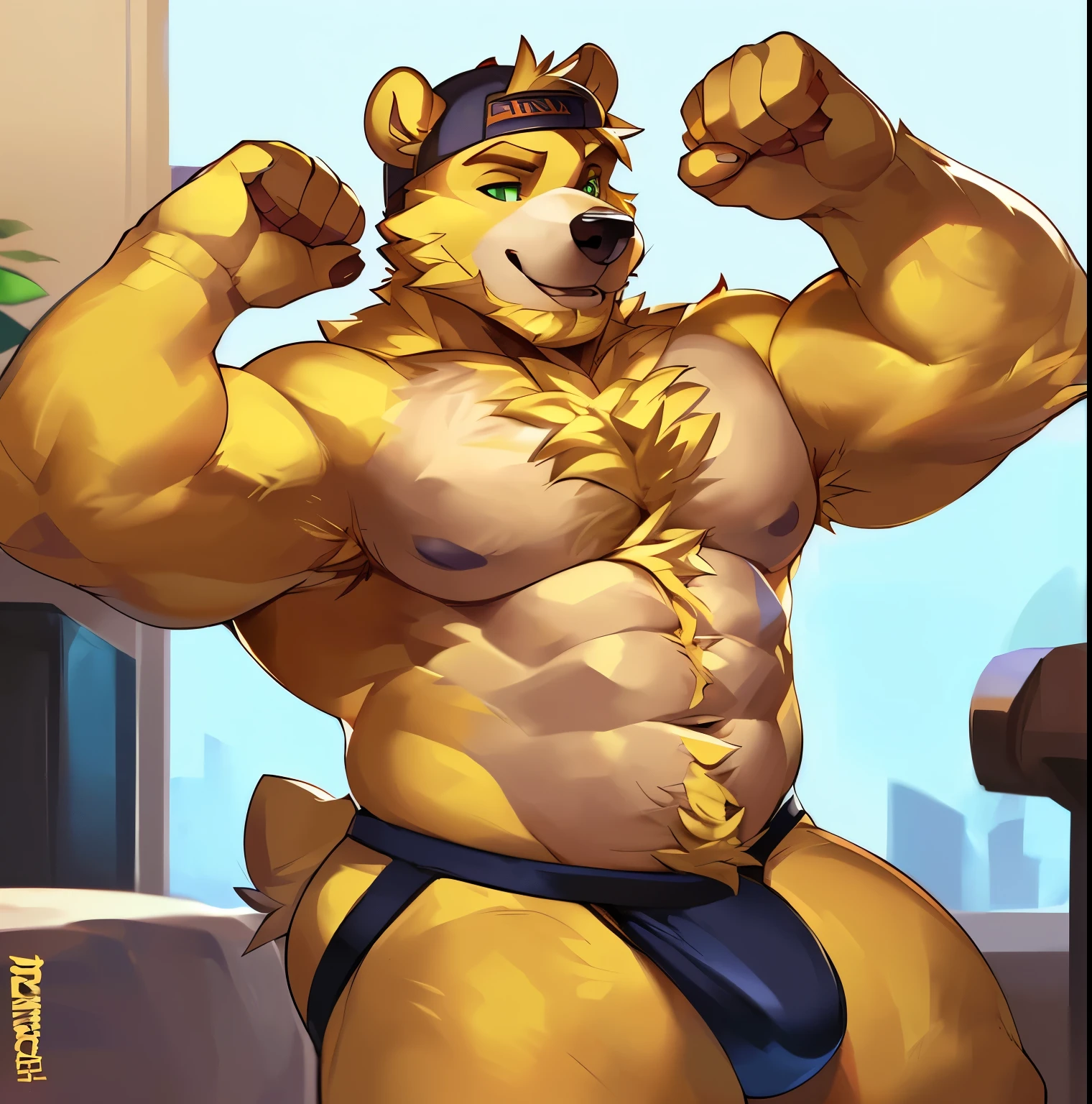 Solo, Anthro, male (((bear, green eyes, black pupils, muscular, abs, yellow fur, yellow body, tan fur, tan body, two tone body, two tone fur, full body, blonde hair, body hair, chest hair, happy trail, facial hair, backwards baseball cap, backwards hat, jockstrap))) standing, flexing, bedroom ((focus eyes, focus backwards baseball cap, focus backwards hat, focus blonde hair, focus pupils, focus two tone body, focus two tone fur))) full body, perfect anatomy, by darkgem, by mystikfox61, by glitter trap boy
