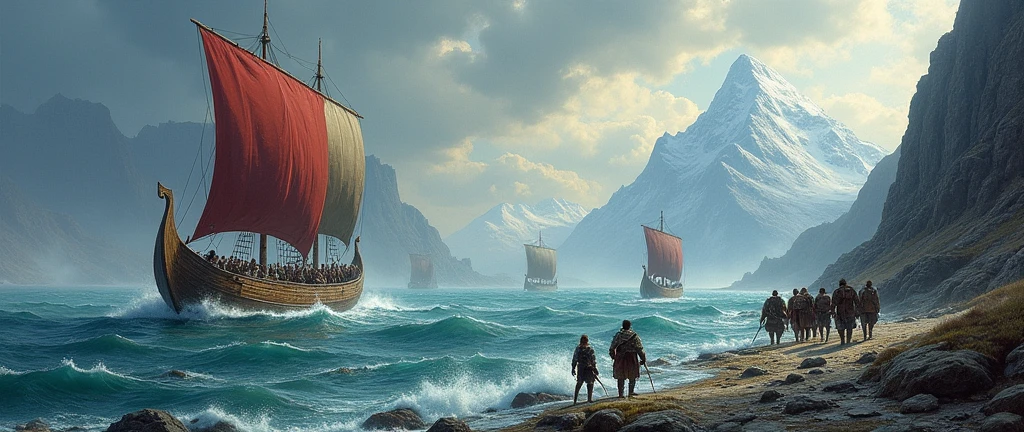 Specifies that the painting must be divided into two parts that connect fluidly..
Mention the specific historical period (9th century, Viking Age)
Includes Viking ships, mountains, Mar, Vikings,cloudy sky, and a ground held.Highlights the need for realism and attention to detail in the texture of the ships, Water, and the sky. CONTINUATION WITH DIFFERENT BOATS