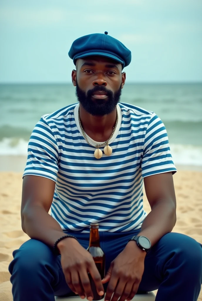 Black man in blue beret, blue and white horizontal striped cotton shirt, dark blue pants, shell necklace, a bottle in hand and on the beach