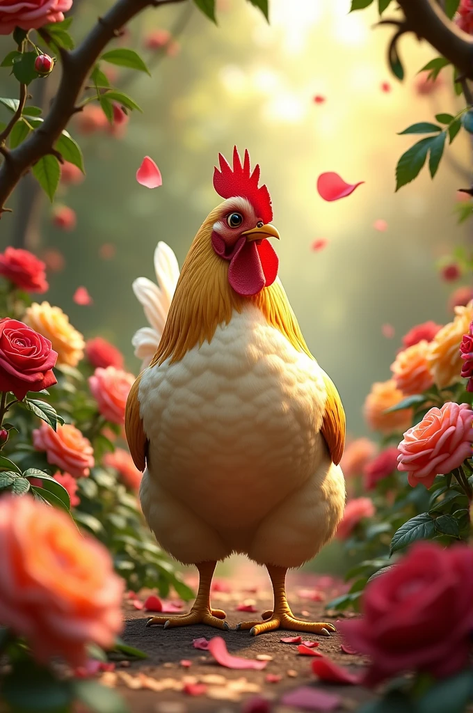 The chicken in the rose garden