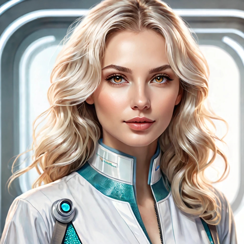 Semi realistic illustration portrait of a beautiful woman, white, wavy blonde hair, with light brown eyes. rectangular face, fine and soft facial features, somewhat thick lips. slight smile, charming look. Vestida de bata white. Doctor at a futuristic sci-fi biotech company. 