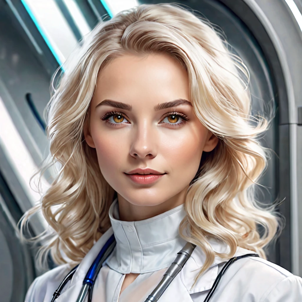 Semi realistic illustration portrait of a beautiful woman, white, wavy blonde hair, with light brown eyes. rectangular face, fine and soft facial features, somewhat thick lips. slight smile, charming look. Vestida de bata white. Doctor at a futuristic sci-fi biotech company.