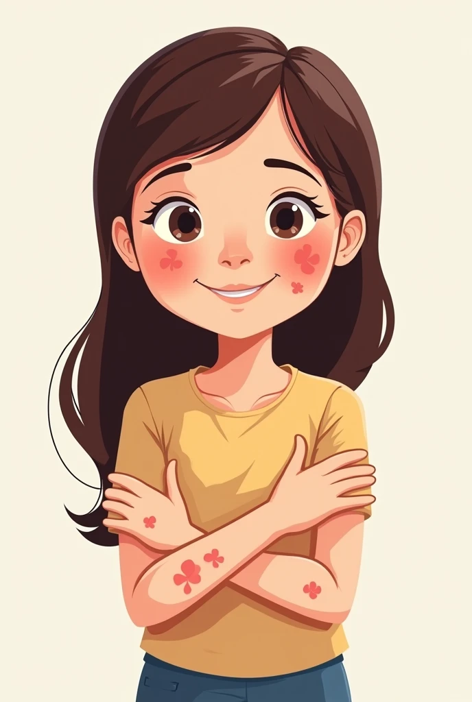 I am looking for an illustration for a student with an allergy on her arms. Drawing style: Modern and vector, with smooth, clean lines, and vibrant colors. Cartoonish but realistic. Color: Using a palette of bright and contrasting colors that are pleasant and eye-catching. FORMAT: Illustrations arranged in a book or manual style. This illustration is intended for a guidance and training manual, so it must be clear, accessible and visually appealing."


