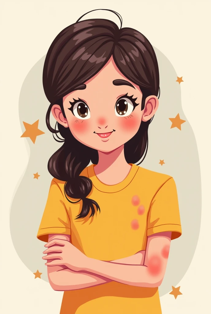 I am looking for an illustration for a student with an allergy on her arms. Drawing style: Modern and vector, with smooth, clean lines, and vibrant colors. Cartoonish but realistic. Color: Using a palette of bright and contrasting colors that are pleasant and eye-catching. FORMAT: Illustrations arranged in a book or manual style. This illustration is intended for a guidance and training manual, so it must be clear, accessible and visually appealing."

