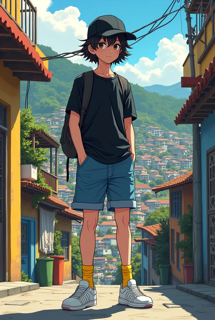 Create a black shirt, black cap, denim shorts, white shoes and yellow socks in a favela on a hill anime