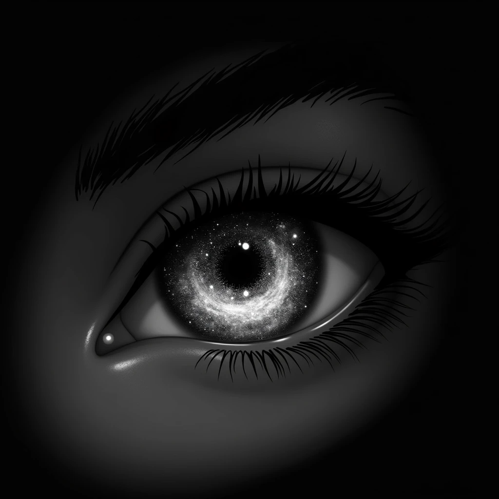 half closed eye with galaxy shaped iris. The image must be black and white 