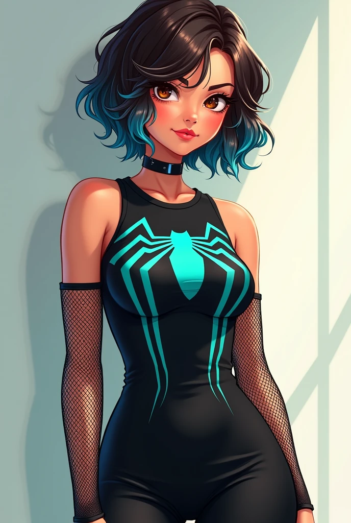 ((art animation 2D)) 20 year old woman with short wavy brown hair with dark blue dyed tips, Brown eyes, with good body, wearing black clothes, wearing a sleeveless black dress with a turquoise Spiderman logo on the chest with mesh sleeves