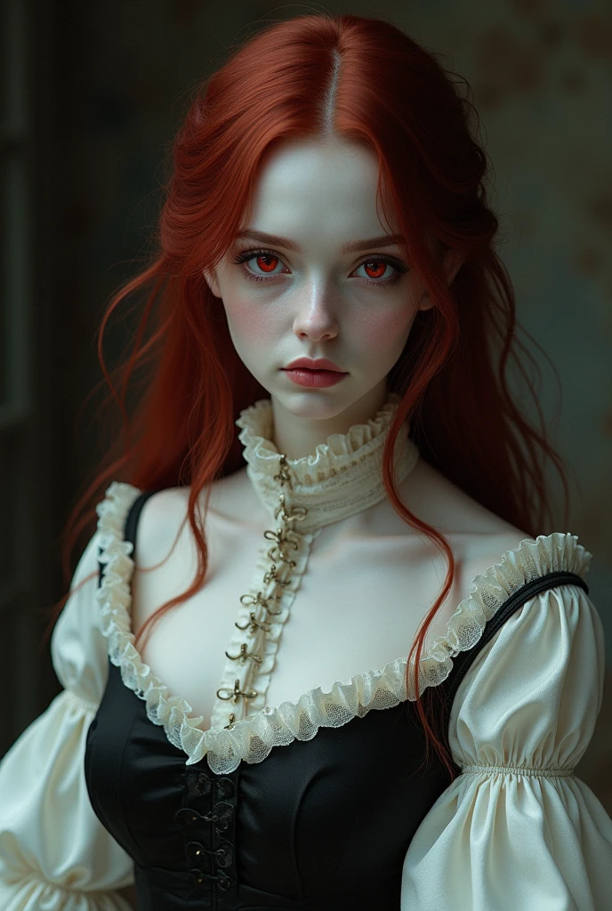 make a pale girl, with red eyes and small beautiful, perfectos fozzy Eyes , He had long, dark red hair, A whole white shirt for women with a high and beautiful collar, Exaggerated Ruffle Hem Long and Beautiful Sleeves, a black mid-skirt and big, perfect, big breasts