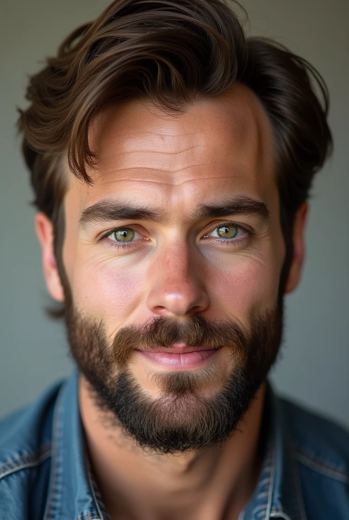Create a realistic face. A man&#39;s face,medium beard. Slightly thick eyebrow. His hair color is brown,In general. His eyes are striking. The color of the eyes is a mixture of blue with green and caramel.. This man looks like Henry Cavill,Chris Hensworth e Zachary Levi. Put a nice smile on him. 