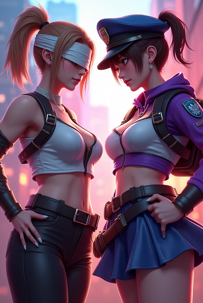 Two female characters in the style of Free Fire with a ponytail and a blindfold, a wedding top and black pants, the other character has two pigtails and a police hat, a purple and white top and a blue skirt. 