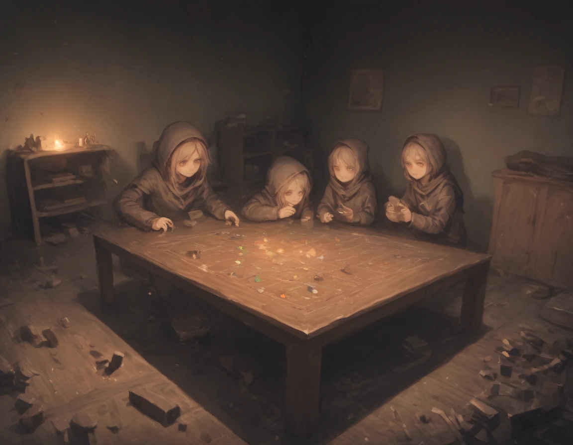 Young friends playing rol games and board games in a warmy room.