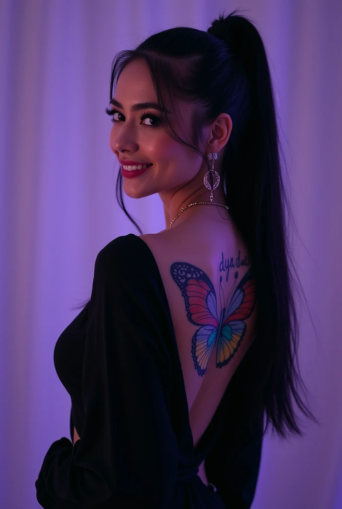 beautiful woman, 1, sexy, white, proportional body, has straight black long hair, her hair is tied back in a ponytail, her back is to the camera, her face is slightly turned back and smiling beautifully, wearing a black long sleeve blouse with the back open showing a tattoo of several butterflies. A lot of colorful butterflies on her upper back with beautiful writing in the middle of the butterfly circle which clearly reads "Dya Dwi" and show the text to viewer. around the outline of his body there were a purple light