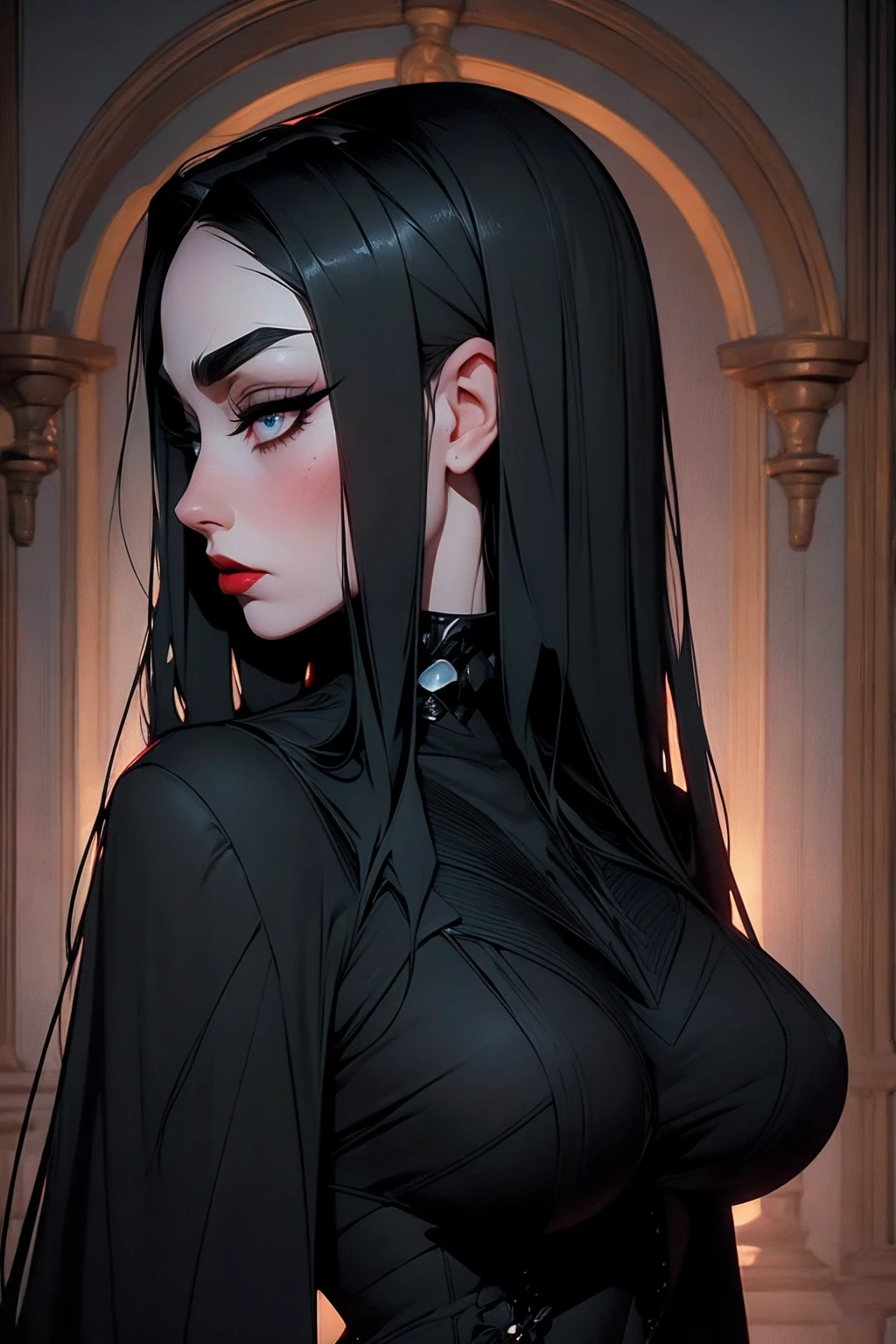 solo, (sophisticated dress:1.0), black dress ((masterpiece)),((high resolution)), ((best quality)), extremely fine and beautiful, super fine illustration, (realistic skin), (insanely detailed anime eyes), detailed face, vivid and beautiful, shocking sensation, incredibly detailed, beautiful detailed woman, supple breasts, front view, facing at viewer, black hair, (morticia addams), black eyes, (see-through:0.5), covered, ((black hair)), (very long hair), profile, sitting, plump breasts, plump thighs, wide hips, movie lighting, perfect shadow, realistic lighting shaded, red lips, (upper body), (big hips), looking at viwer