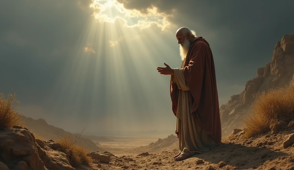 A deeply moving biblical scene showing Job in a state of mourning and humility. He is portrayed standing and looking at the ground with his white beard, his clothes torn and dirty, in an arid landscape, with his clothes torn and his head shaved as a sign of grief. The surrounding area is barren, reflecting the desolation he feels. Despite the crushing loss, Job is shown in a posture of worship, with his hands open as he prays. The sky above is a mixture of dark clouds and a small ray of light, symbolizing his unshakable faith in God even in the midst of profound suffering, as described in the story of Job. sun
