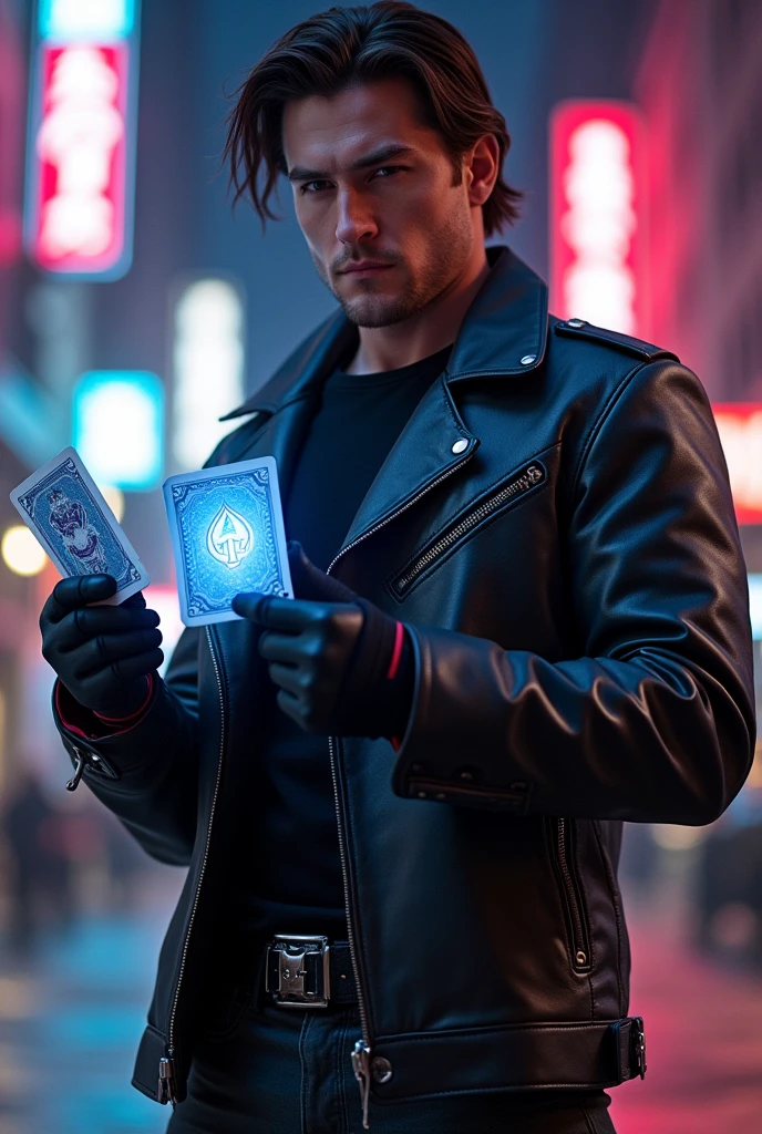 Crie uma imagem de Channing Tatum como Gambit. He should have a well-defined face and confident expressions., with dark brown hair and an athletic body. Dress him up in a modern outfit: dark leather jacket with red details, black shirt and tight pants. Include gloves and combat boots, and show it holding shiny playing cards. The background should be a nighttime urban environment with neon lighting.. Highlight costume details and cards with dramatic lighting, capturing the essence of the character and Tatum's presence.