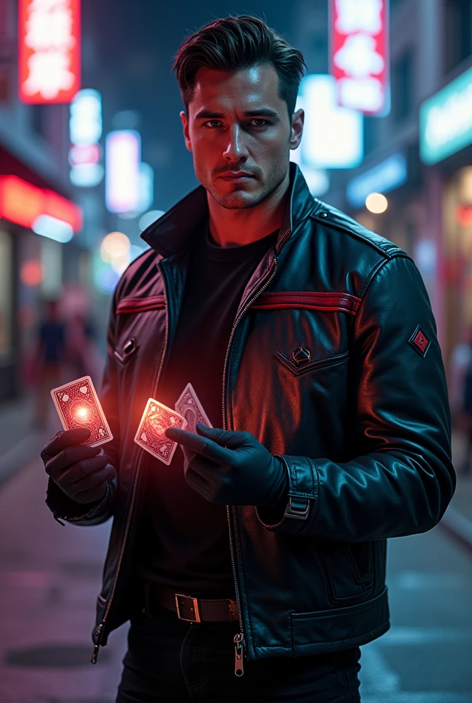 Crie uma imagem de Channing Tatum como Gambit. He should have a well-defined face and confident expressions., with dark brown hair and an athletic body. Dress him up in a modern outfit: dark leather jacket with red details, black shirt and tight pants. Include gloves and combat boots, and show it holding shiny playing cards. The background should be a nighttime urban environment with neon lighting.. Highlight costume details and cards with dramatic lighting, capturing the essence of the character and Tatum&#39;s presence.