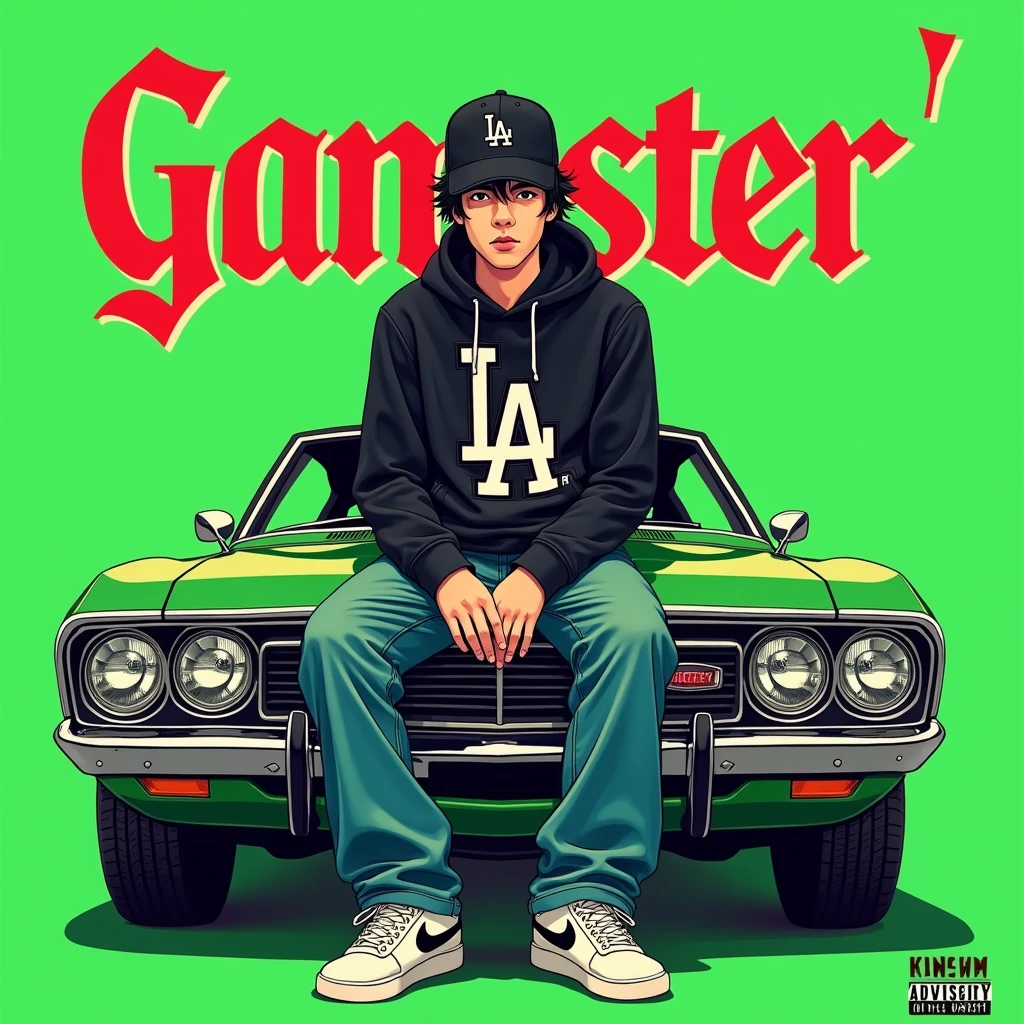 Image of a man sitting on the bonnet of a car, Yoshihiko Wada's album cover, winner of the behance contest, Doodle, official artwork, rap album cover, hip - hop album art cover, colored album art, hip hop music album cover, rap album cover art, official fanart, GTA Cover, hip hop album cover, album art cover, G-FUNK Hip Hop album cover, green background, green car, with the words 'gangster' on the back of the picture, LA hoodie, an Asian tenager wearing a black LA ball cap with a deep press and a wide pair of jeans down, a troublemaker boysits on the bonnet of a car andlets, white Nike shoes