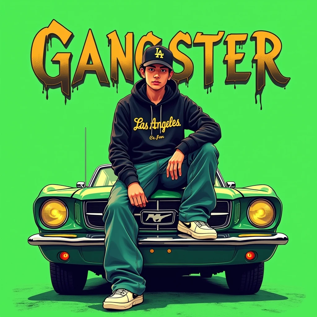 Image of a man sitting on the bonnet of a car, Yoshihiko Wada's album cover, winner of the behance contest, Doodle, official artwork, rap album cover, hip - hop album art cover, colored album art, hip hop music album cover, rap album cover art, official fanart, GTA Cover, hip hop album cover, album art cover, G-FUNK Hip Hop album cover, green background, green car, with the words 'gangster' on the back of the picture, LA hoodie, an Asian tenager wearing a black LA ball cap with a deep press and a wide pair of jeans down, a troublemaker boysits on the bonnet of a car andlets, white Nike shoes