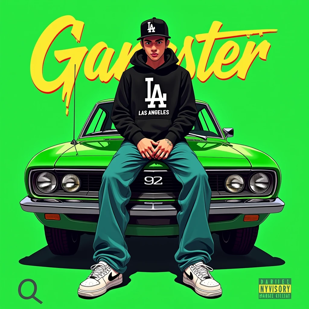 Image of a man sitting on the bonnet of a car, Yoshihiko Wada&#39;s album cover, winner of the behance contest, Doodle, official artwork, rap album cover, hip - hop album art cover, colored album art, hip hop music album cover, rap album cover art, official fanart, GTA Cover, hip hop album cover, album art cover, G-FUNK Hip Hop album cover, green background, green car, with the words 'gangster' on the back of the picture, LA hoodie, an Asian tenager wearing a black LA ball cap with a deep press and a wide pair of jeans down, a troublemaker boysits on the bonnet of a car andlets, white Nike shoes