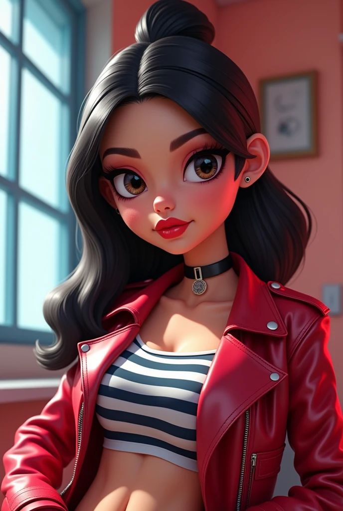 a girl wearing a striped shirt inside, a red leather jacket outside, a tight black necklace, very cool makeup, 3d cartoon style