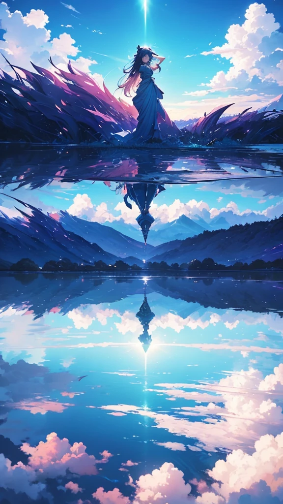Immerse yourself in a stunning anime-inspired landscape, where a woman with her arms spread wide is falling through a dreamy blue sky. The scene is surrounded only by expansive, fantastical clouds, with the sun shining brightly to create a truly unique and visually captivating experience.