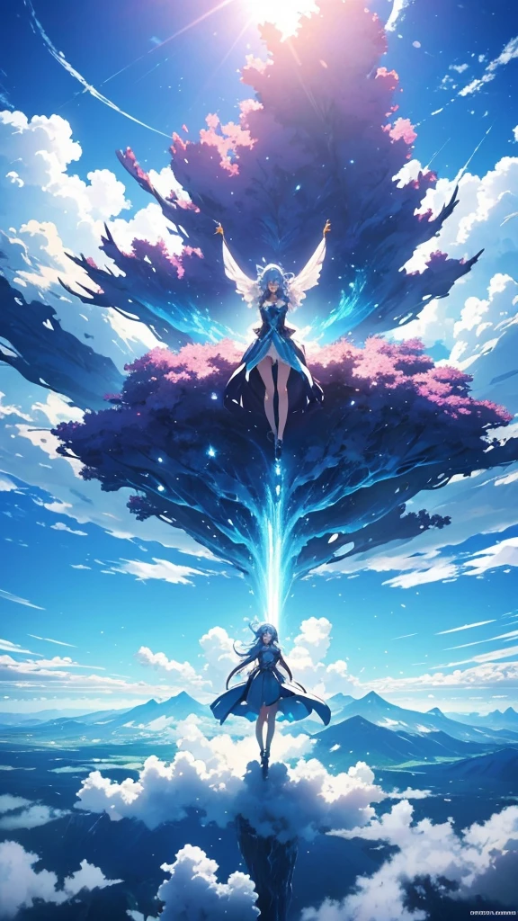 Immerse yourself in a stunning anime-inspired landscape, where a woman with her arms spread wide is falling through a dreamy blue sky. The scene is surrounded only by expansive, fantastical clouds, with the sun shining brightly to create a truly unique and visually captivating experience.