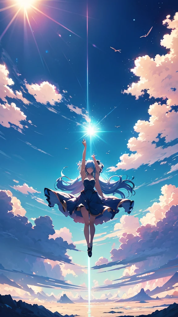 Immerse yourself in a stunning anime-inspired landscape, where a woman with her arms spread wide is falling through a dreamy blue sky. The scene is surrounded only by expansive, fantastical clouds, with the sun shining brightly to create a truly unique and visually captivating experience.