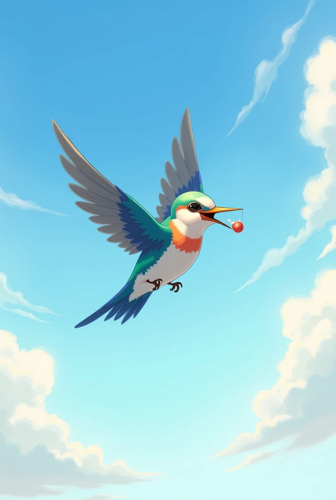 A bird flying with a food in her mouth


