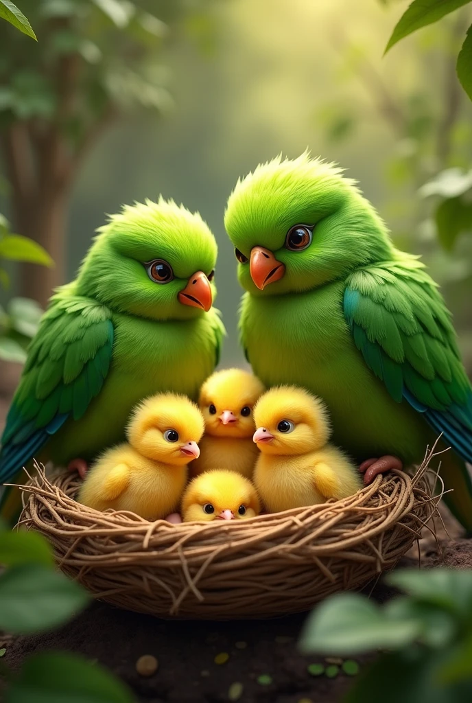 Picture of 4 green chicks and 2 whole large green parrots the family in the nest only 4 chicks with the dad more
