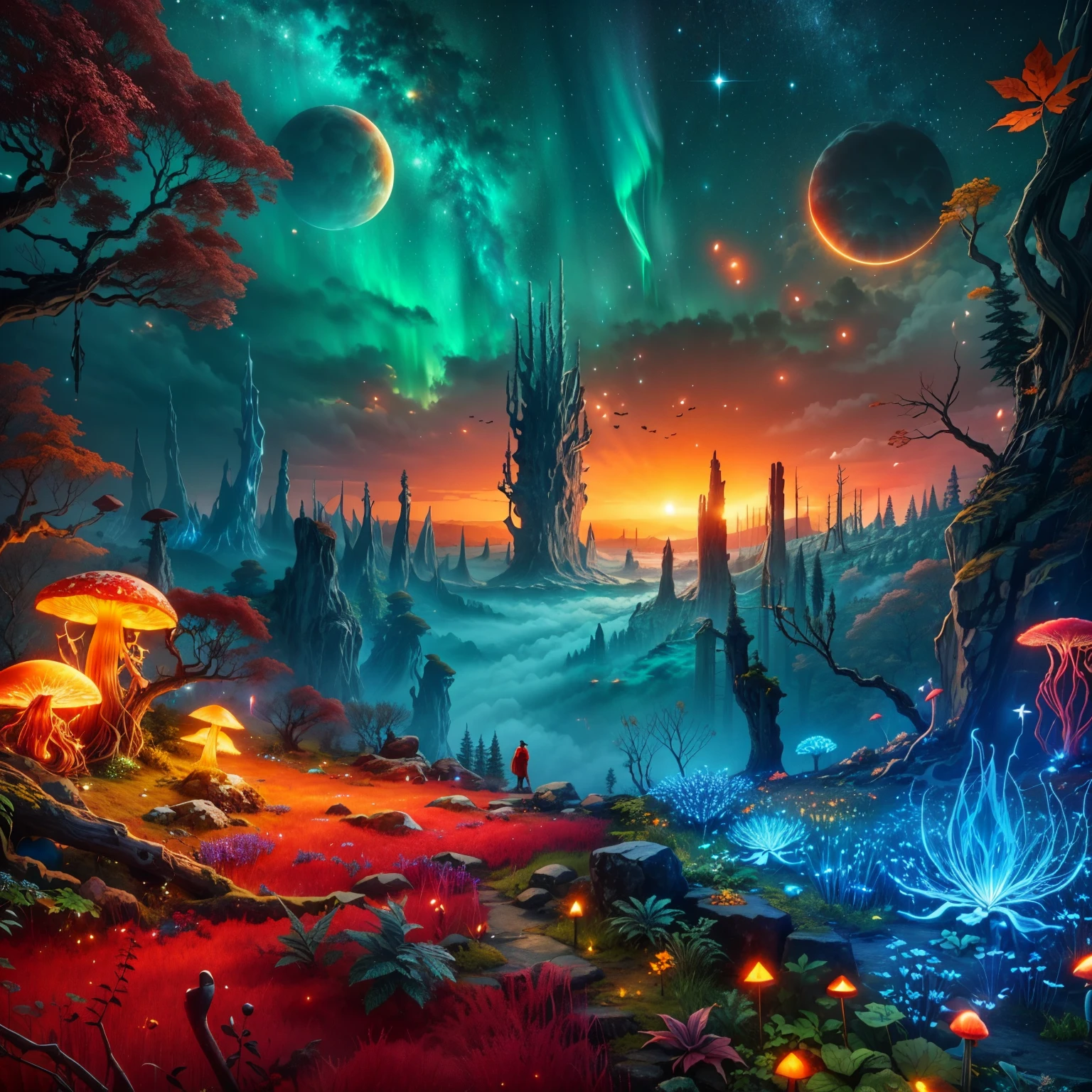 Axe Game Style,Very detailed, Exotic Landscapes, Strange Tree々, Bright red grass, Blue Cactus,Green Northern Lights, floating jellyfishes,Orange starry sky, Natural giant crystal pillar,Gorgeous blue leaves, Huge glowing mushroom, Fascinating lava lines, Unique hybrid flower, Two shining suns, And the enchanting red fireflies.