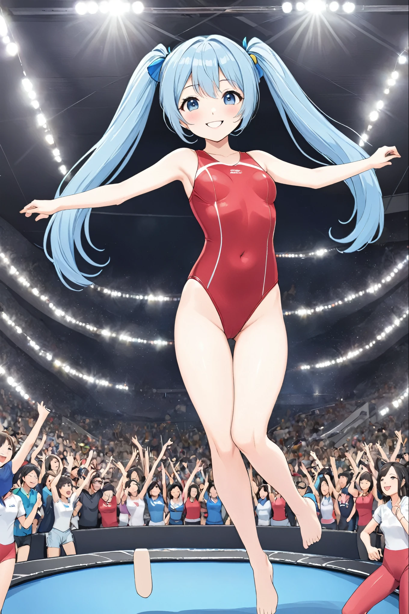 Light blue long hair、Beautiful girl with twin tails、smile、Red leotard、Playing trampoline、Trampoline competition venue、A packed audience、Flying high and high on a big trampoline