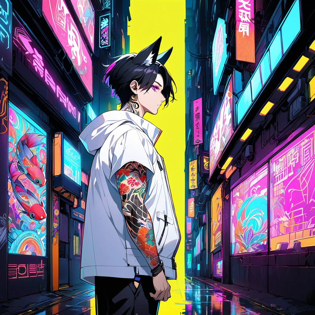 1man, short blackhair, fox ears, purple eyes, wearing a white coat, wearing black pants, wearing black undershirt, tattoos on arms,  colorful japenese koi tattoos, cyberpunk, profile picture perspective, neon