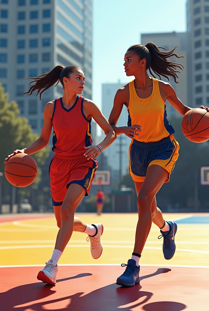 Stephanie Curry and Alisson Moreno playing basketball together on Fridays at Goden States Warios