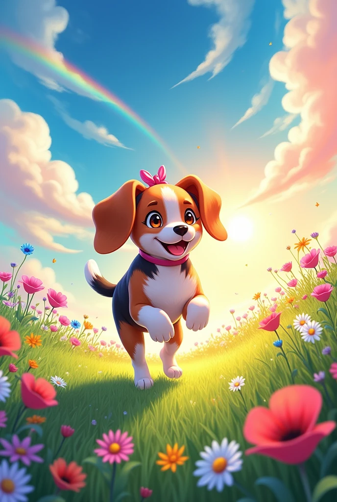 Beagle tricolor, Female with pink bow on her ears running happily in a meadow with flowers the sky with the sun very colorful and rainbow