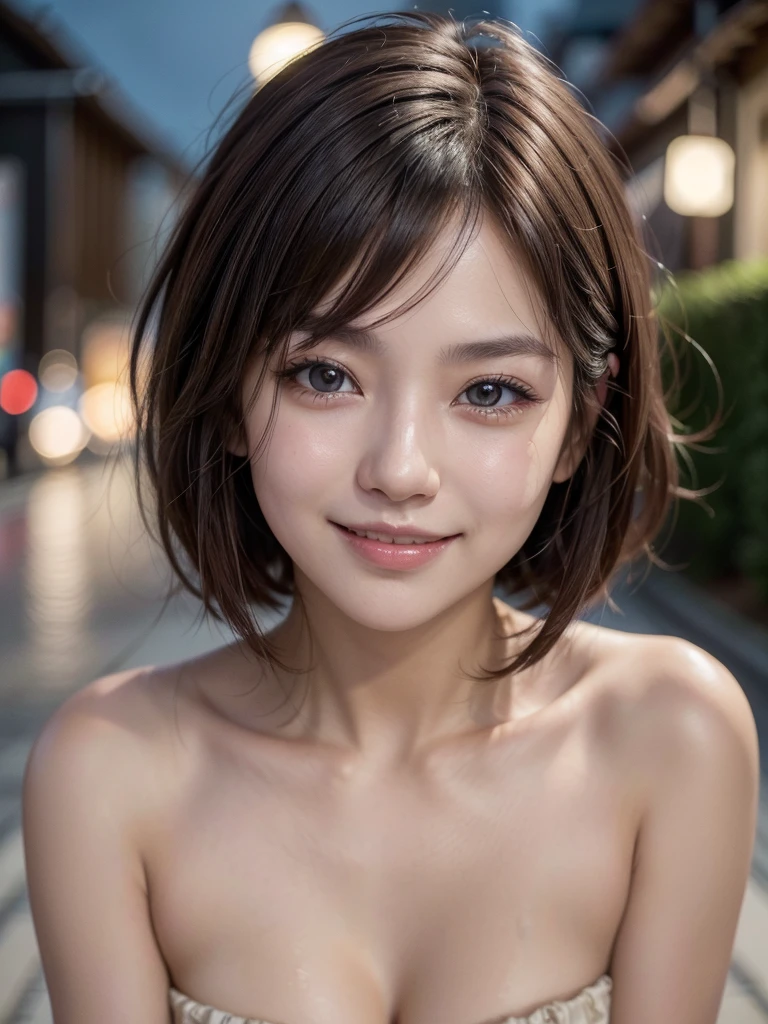 Short Hair Outdoor Fair Skin Disheveled Hair smiling Japan Woman, Super Cute, Soft and Face, Brown Hair, 8K Resolution, Ultra Realistic, Super Definition, Soft Body Toned Ass Night, ((Highest Definition, 8k, Masterpiece: 1.3)), Super Definition Face, Super Definition Lips, Fine Eyes, Double Eyelids