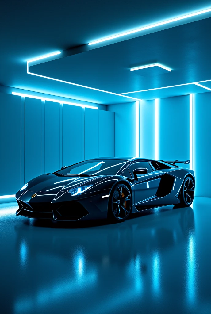 Create a image Lamborghini Aventador in black colour in futuristic room blue neon light